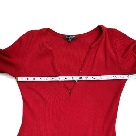 Lauren Ralph Lauren Red Cotton V-Neck Button Academia Midi Flare Dress Small - Picture 6 of 17